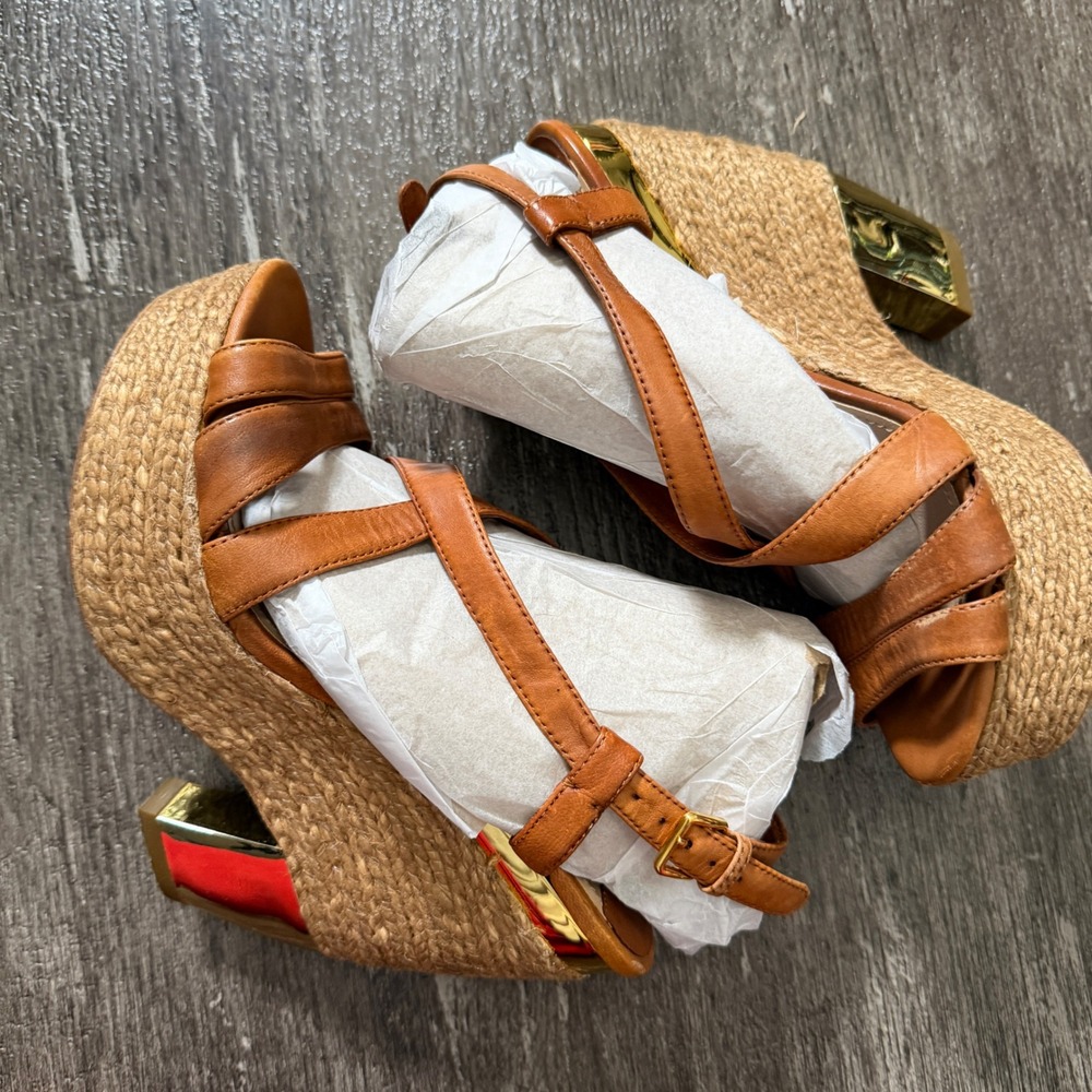 Miu Miu Brown Leather Espadrille Wedge Sandals Gold Accent Heel 34.5 EU / 4.5 US